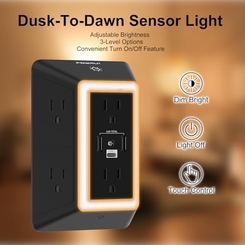 POWRUI 6-Outlet Surge Protector with 3 USB Ports (1 USB-C) and Integrated Night Light – Space-Efficient Power Strip for Home & Office – ETL Listed for Ultimate Safety and Fast Charging – Versatile 3-Sided Design with Adapter Spaced Outlets for Large Plugs – Streamline Your Charging Needs with Enhanced Compatibility and Reliability
