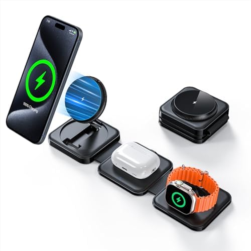 Hinyx 3-in-1 Magnetic Wireless Charging Station – Foldable Portable Charger for i Phone 12/13/14/15, Apple Watch & Air Pods – Enhanced Compatibility & Fast Charging Solution for Travel and Daily Use