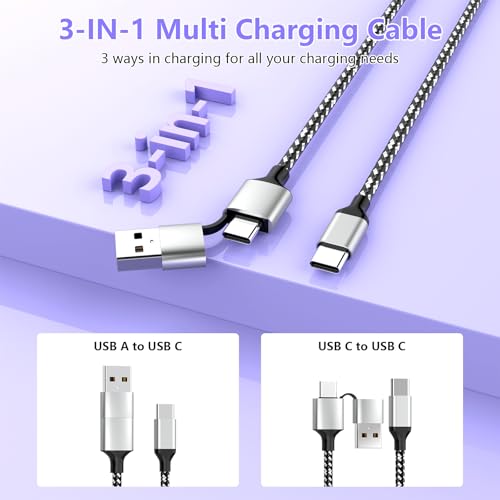 20 FT Extra Long Nylon Braided USB-C Charger Cable for i Phone 15/16 – 3-in-1 60 W Fast Charging Data Cord Compatible with i Pad Pro, Android, Samsung, and Pixel – Ultimate Durability and Flexibility for All Devices