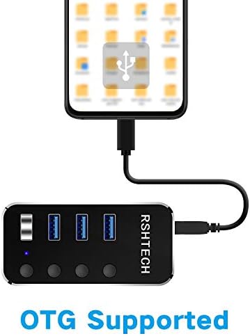 Elevate Your Connectivity with the RSHTECH 4 Port USB C to USB 3.0 Hub Expander – Sleek Aluminum Powered Splitter with 5 V AC Adapter & Individual On/Off Control for High-Speed Data Transfer (RSH-516-C) – Perfect for Professionals & Multitaskers
