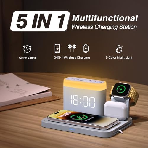Revolutionize Your Charging Experience with the ANJANK 5-in-1 Wireless Charging Station: Multifunctional Dock for i Phone 16/15/14/13/12 Pro Max, Apple Watch & Air Pods with Adjustable Night Light and Built-In Alarm Clock for Seamless Device Management and Enhanced Ambiance