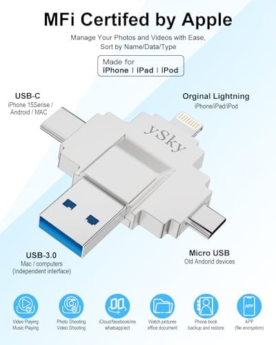 MFi Certified 64 GB Multi-Device Photo Stick – Ultimate 4-in-1 USB Flash Drive for i Phone, i Pad, Android, PC, and Mac – Fast Data Backup & Easy Media Management for Photos, Videos, and Contacts – Compact External Storage Solution