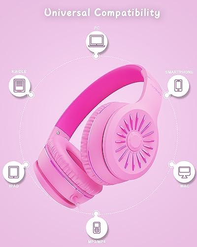 K16 Kids’ Foldable Wired Headphones with Microphone – Lightweight On-Ear Stereo Bass Design in Vibrant Pink and Red for School, Gaming, and Tablet Use – Compatible with Kindle, Chromebook & More – Durable Comfort for All-Day Listening