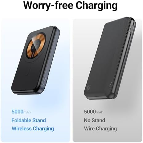 RAPTIC 2024 Advanced 5000 m Ah Magnetic Power Bank with Integrated Stand – Ultra-Slim Wireless Charger for i Phone 16 Pro Max/15/14/13/12, Fast Charging Capability, Includes USB-C Cable, Sleek Black Design for On-the-Go Convenience