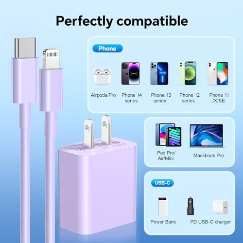 Premium 20 W PD Fast Charger Set for i Phone 14 – 3-Pack Type-C Wall Charger with 6 ft USB-C to Lightning Cables for Rapid Charging Compatibility with i Phone 14/14 Pro/14 Pro Max/13/12/11 – Optimal Speed and Versatility for Home, Office, and Travel