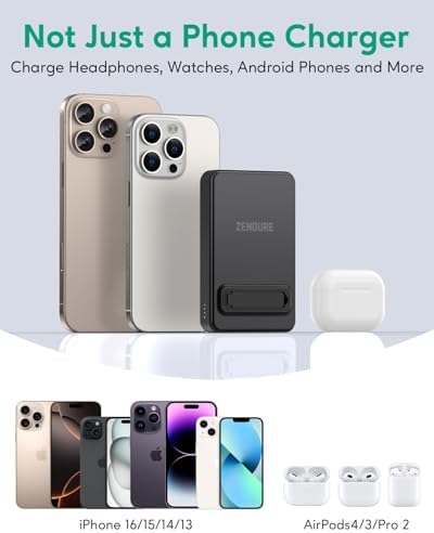 Zendure Supermini Magnetic Wireless Charger – Qi2 Certified 15 W Fast Charging Power Bank for i Phone 16/15/14/13 Series, 10,000 m Ah Capacity, Lightweight Design for Effortless Portability and Versatile Device Compatibility