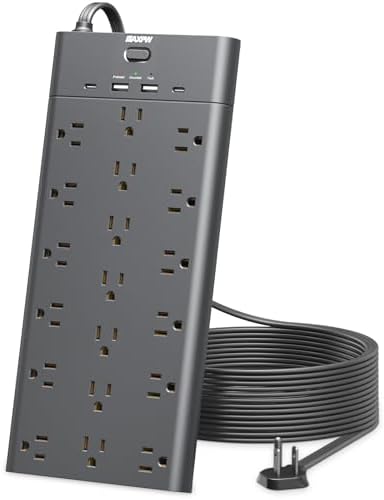 Ultimate Surge Protector Power Strip with 19 Outlets & 4 USB Ports – Heavy-Duty 6.5 Ft Extension Cord, 1875 W Power Capacity, 2100 Joules Surge Protection, Wall Mountable for Home, Office, and Gaming – Efficient Power Management Solution in Sleek Black Design