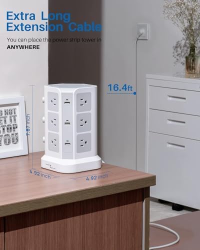 KOOSLA Power Strip Tower – 12 AC Outlets & 6 High-Speed USB Ports with 15 A Surge Protection – 6.5 ft Heavy-Duty Extension Cord for Home Office & Dorm Room – Compact Design for Efficient Power Distribution – Versatile Charging Station for Multiple Devices