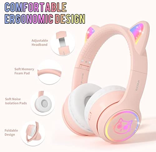 IFECCO Wireless Kids Bluetooth Cat Ear Headphones – Fun Light-Up Design with Volume Limiting Feature, Built-in Microphone, and Foldable Portability for Travel and Learning – Ultimate Gift for Young Music Enthusiasts