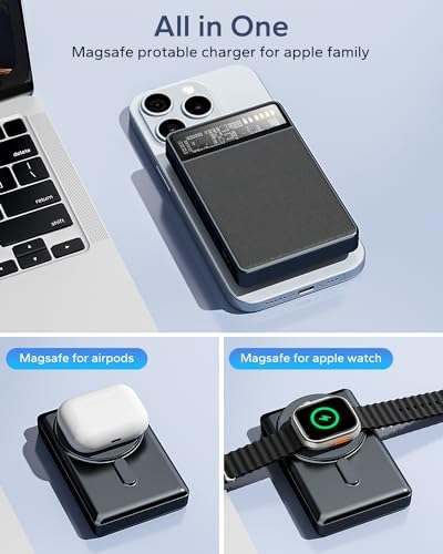 KPON Magnetic Power Bank with 10,000 m Ah Capacity – Wireless Fast Charging Portable Charger for i Phone 16 Pro Max/15/14/13 and Apple Watch, Foldable Stand for Hands-Free Use, Sleek Carbon Black Design – Ultimate Convenience for On-the-Go Charging