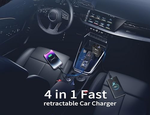 Ultimate 4-in-1 Retractable Car Charger – 69 W USB-C Adapter with Dual Ports, Shock Absorption Technology for i Phone 16 and More, Travel-Ready Power Solution with 31.5-inch Tangle-Free Cables, Essential Road Trip Accessory for Multi-Device Charging