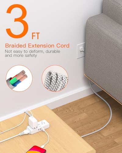BESHON 10 ft Flat Plug Extension Cord with 4 Wide Outlets & 3 USB Ports (2 USB-C) – Versatile Power Strip for Home, Office & Dorm – Space-Saving Design with Surge Protection & Fast Charging Capabilities