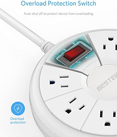 BESTEK Travel Power Strip – 6-Foot Extension Cord with 4 USB Ports & 6 Outlets, Surge Protector for Dorms, Bedside & Cruise Ships, 13 A 125 V, 220 Joules, Enhanced Charging Hub for All Devices, White