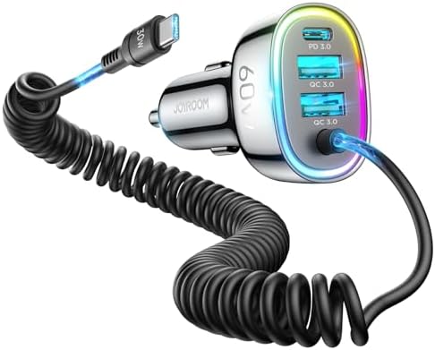 JOYROOM 60 W USB-C Car Charger with 5 ft Coiled Cable – Ultra-Fast Charging Adapter for i Phone 16 Pro Max, Samsung Galaxy S24/S23, Google Pixel & i Pad Pro – Compact Design with Smart Chip Technology for Safe Power Delivery on the Go