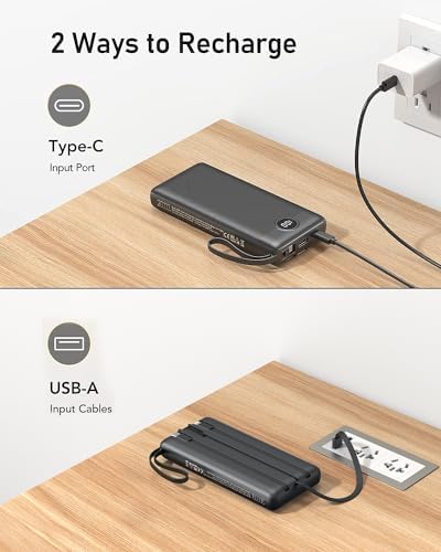 VEEKTOMX 10,000 m Ah Portable Power Bank with Integrated Charging Cables – Slim, Lightweight Fast Charger for i Phone, Samsung, and Android Devices – Essential Travel Companion with Intelligent Charging Technology for On-the-Go Convenience