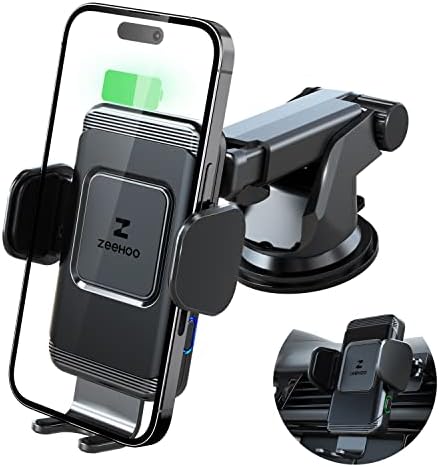 Zee Hoo 15 W Fast Wireless Car Charger with Auto-Clamp Mount – Effortless Qi Charging for i Phone 14/13/12 Mini/11 Pro Max & Samsung Galaxy S22/S21 – Multi-Position Holder for Windshield & Air Vent with 45 W QC3.0 Adapter for Enhanced Power Efficiency and Secure Usage