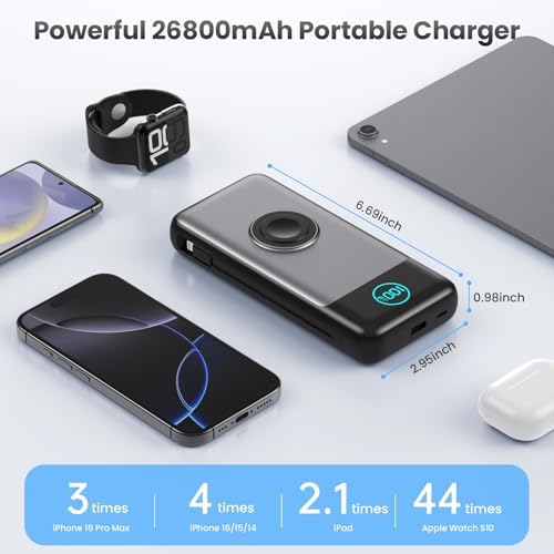 26800 m Ah Ultra-High Capacity Portable Charger with Built-in Cables & AC Wall Plug – 6-in-1 USB-C Power Bank for Fast Charging of i Phone 16/15/14/13/12, Android Devices & Apple Watch – Charge 5 Devices at Once with 25 W PD & Quick Charge Technology – Ideal for Travel, Camping, and Daily Use – Advanced Safety Features for Optimal Performance