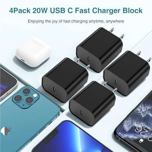 Ultra-Fast 20 W USB C Charger Block – 4 Pack for i Phone 16/15 & Multi-Device Compatibility – Compact Power Adapter for Apple, Samsung, Google – Essential Travel Charging Solution with Enhanced Durability and Safety Features