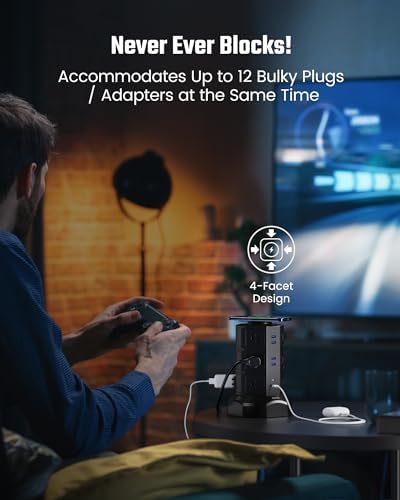 Elevate Your Charging Solutions with the SUPERDANNY Power Strip Tower – 15 W Wireless Charger and 1050 J Surge Protector with 12 AC Outlets, 6 USB Ports (Including 2 USB-C) and 6.5 ft Extension Cord – Ideal for Home Office Organization and Efficient Device Management with Elegant Wood Grain Finish