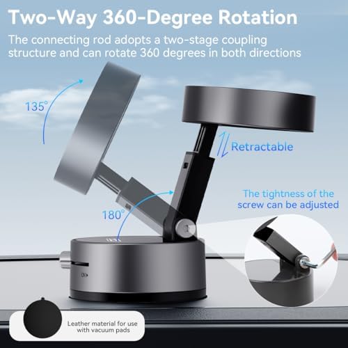 Electric Magnetic Car Phone Holder, 360 Rotation Vacuum Suction Cellphone Mount Foldable Car Mount Stand for iPhone12-16,Mirror/Glass/Screen/Smooth Surface (Not Charge Phone) – Enhanced Compatibility and Speed