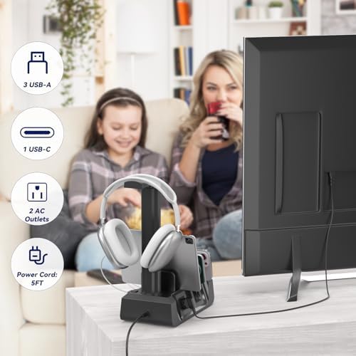 KDD 6-in-1 Multi-Device Charging Station – Sleek Black Dock for Smartphones, Tablets, Apple Watch & Headphones – Fast Charge with 2 AC & 4 USB Ports – Space-Saving Design for Ultimate Organization and Efficiency – Perfect Home & Office Charging Solution