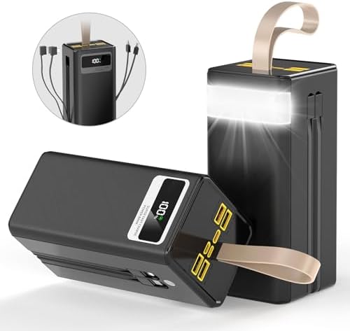 High-Capacity 60000 m Ah Power Bank with Dual Fast Charging Cables, 22.5 W Output, 7 Port Multi-Device Charger, Essential for Outdoor Adventures and Daily Use, Sleek Black Design with LED Flashlight for Emergencies – Ultimate Portable Charging Solution