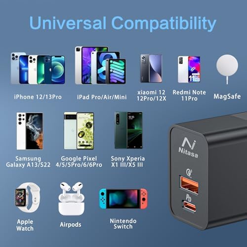 NITASA 30 W Dual Port USB C Wall Charger – Fast Charging Adapter for i Phone 15/16 Pro Max & Samsung S23/S24 – Super Efficient 25 W PPS Technology for Rapid Power Delivery – Ideal for i Pad & Google Pixel 9/8 Pro – Compact Travel Essential with Enhanced Compatibility
