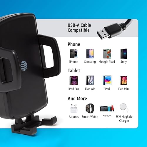 AT&T 15 W Qi Wireless Car Charging Mount – Fast, Universal Device Compatibility with Secure Docking for Enhanced Driving Efficiency – Sleek Black Design for Tech-Savvy Drivers – Easy One-Handed Operation & Adjustable Viewing Angles for Ultimate Convenience