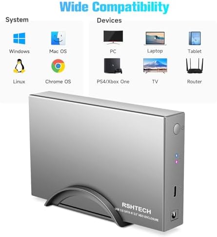 RSHTECH 3.5-Inch Aluminum USB 3.1 Gen 1 HDD Enclosure with Type C to SATA Connectivity – Ultra-Fast External Dock Case for 16 TB Drives, Perfect for SSD and HDD Data Management, Quick Setup & Enhanced Durability
