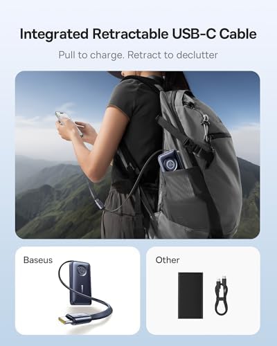 Baseus Enercore 20000 m Ah Power Bank with 67 W Fast Charging – Compact Portable Charger Featuring Built-in Retractable USB-C Cable for Laptops, i Phone 16/15, Samsung, Mac Book, and Drones – Essential Travel Companion for Uninterrupted Power