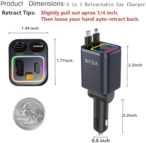 Revolutionary 2025 Micro-Version 4-in-1 Retractable Car Charger – 69 W Fast Charging USB C Adapter for i Phone 16/15/14/13, Samsung Galaxy, i Pad, Pixel – Ultimate Convenience with Tangle-Free Design and Enhanced Compatibility for All Your Devices