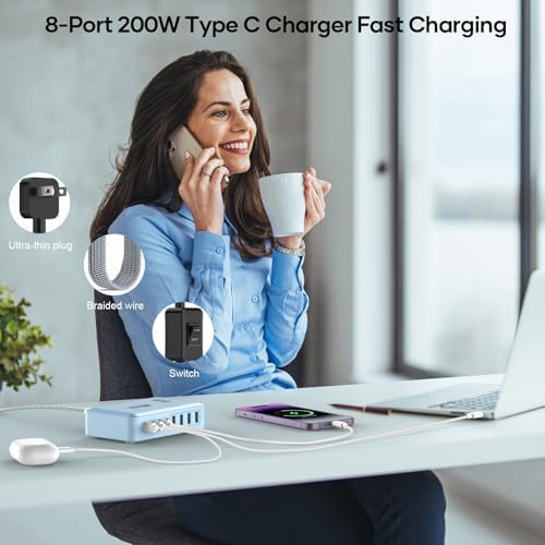 Transform Your Charging Routine with the 200 W 8-Port Fast Charging Hub – Multi-Device USB Station Featuring 65 W Laptop Adapter, Space-Saving Flat Plug, Durable Braided Cable, and User-Friendly On/Off Power Control for Optimal Performance and Safety