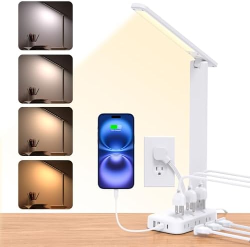 Transform Your Workspace with the One Beat Multifunctional Desk Lamp: 6 AC Outlets & 4 USB Ports (Including 2 USB-C) for Effortless Charging, 4 Color Modes & 5 Brightness Levels for Eye-Caring Illumination – Perfect for Home Office, College Dorm, and Essential Room Decor (White)