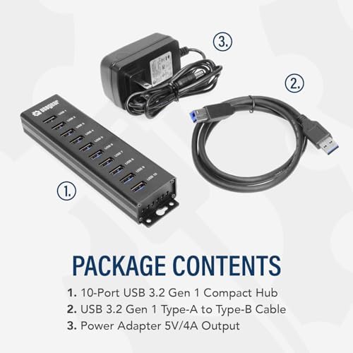 Maximize Connectivity with the 10-Port USB 3.2 Gen 1 Mountable Hub – Super Speed Data Transfer & Fast Charging for Home and Office Use, Includes 5 V/4 A Power Adapter & USB Type-A to Type-B Cable, Versatile Wall or Surface Mounting for Enhanced Productivity
