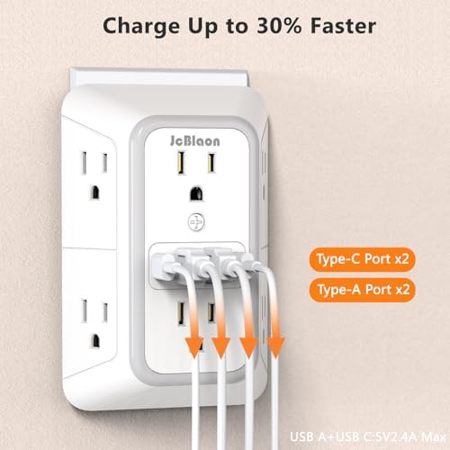Advanced USB Wall Charger Power Strip Surge Protector with 4 USB Ports (2 USB-C) – Multi Outlet Adapter for Home, Office, and Travel, White (Black) – Unmatched Speed and Safety for Modern Devices