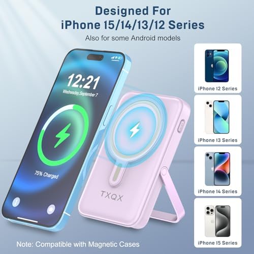 Ultra-Sleek 10000 m Ah Wireless Magnetic Power Bank – Fast Charging Portable Charger with Built-in Cables & LED Display – Compatible with i Phone 16/15/14/13/12/Pro/Mini/Pro Max (Purple) – Convenient On-the-Go Power Solution with Integrated Stand and Mag-safe Technology