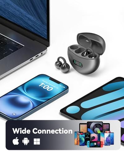 Ultimate Comfort Open Ear Bluetooth 5.4 Earbuds with IPX7 Waterproof Rating – 60 Hours of Playback with LED Power Display – Clip-On Wireless Headphones for Active Lifestyles, Ideal for Commuting and Outdoor Adventures, Enhanced Sound Quality and Durability