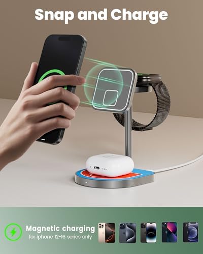 Innovative 3-Point Power 3-in-1 Charging Station for Apple Devices – Sleek Aluminum Alloy Magnetic Wireless Charger Stand with Mini Basketball & Hoop, Perfect for i Phone 16/15/14/13/12, 5 W Apple Watch & Air Pods Charging, Compact Black Design for Enhanced Speed and Style