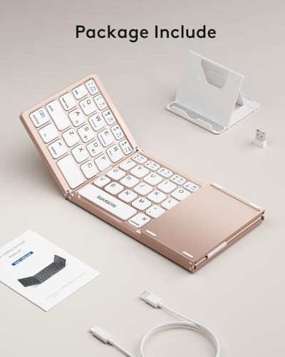 Samsers Portable Bluetooth Keyboard with Touchpad – Ultra-Slim Foldable Wireless Keyboard for Effortless Typing on Android, Windows, and i OS Devices – Rechargeable, Travel-Friendly Design with Device Holder – Black