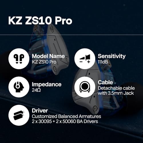 Linsoul KZ ZS10 Pro Hybrid IEM Earbuds – 4 BA + 1 DD High-Fidelity Wired In-Ear Monitors with Stainless Steel Faceplate and Detachable Cable, Ideal for Musicians and Gamers with Built-in Mic, Unmatched Sound Clarity and Versatile Compatibility