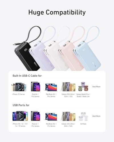 Anker Nano 3-in-1 Power Bank: 10,000 m Ah Fast Charging Portable Charger with Built-in USB-C Cable & Foldable Wall Plug for i Phone 15/16, Galaxy, and Mac Book – Ultimate Travel Charging Solution with Enhanced Compatibility and Speed