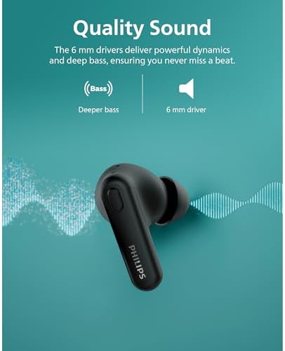 Philips TAT3519 Premium True Wireless Earbuds – Bluetooth 5.3 Noise-Canceling Headphones with Deep Bass, 24-Hour Battery, and Crystal-Clear Call Quality – Ideal for Audiophiles and Active Lifestyles with Fast Charging and IPX4 Water Resistance