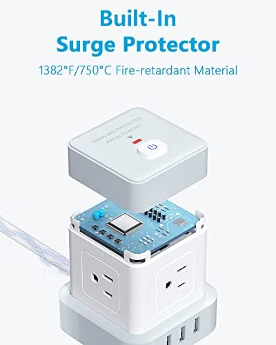 Baykul 10 ft Power Strip Cube with 4 AC Outlets & 3 USB Ports – Compact Surge Protector for Home, Office, and Travel – Space-Saving Flat Plug Design for Enhanced Convenience and Fast Charging