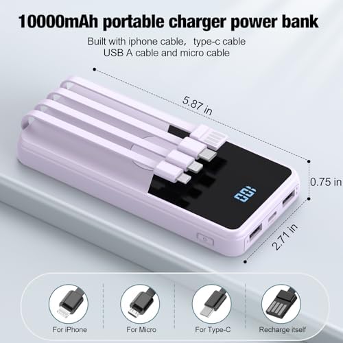 Ultimate Portable Charger with Built-in Cables – 10,000 m Ah High-Speed Power Bank for On-the-Go Charging – 5 Outputs & 3 Inputs – Sleek Purple Travel Battery Pack for i Phone, Samsung, i Pad, Tablets – Enhanced Durability & Convenience