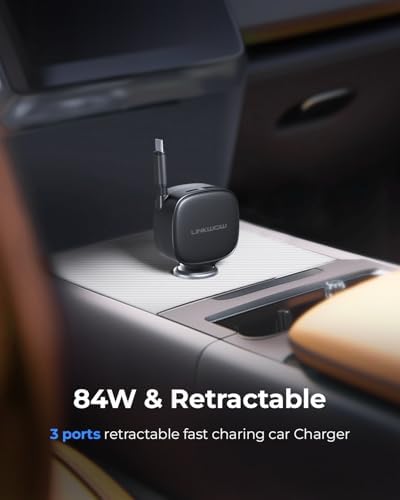 Ultra-Compact 84 W Max Retractable Fast Car Charger – Dual-Port USB C Cigarette Lighter Adapter with Built-In Type-C Cable for Effortless Charging and Clutter-Free Travel, Perfect for Families and Frequent Travelers