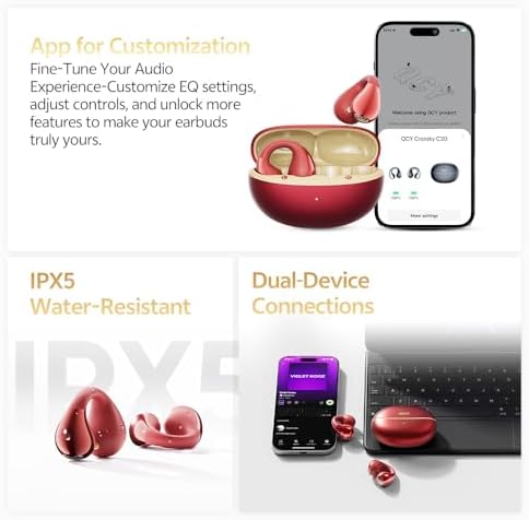 QCY Crossky C30 S Open Ear Wireless Earbuds – Ultra-Light Clip-On Design with Bluetooth 6.0, Superior LDAC Hi-Res Audio, Enhanced Deep Bass, 40-Hour Playtime, Quick Charge, and IPX5 Waterproof Rating for Active Lifestyles – Ideal for Sports and Outdoor Adventures