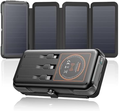 Ultimate SOARAISE 25000 m Ah Solar Power Bank: Fast Wireless Charging with Built-in Cables, Dual USB Outputs, 4 Solar Panels & Triple LED Flashlights for Outdoor Adventures – Reliable Portable Charger for Camping & Emergencies