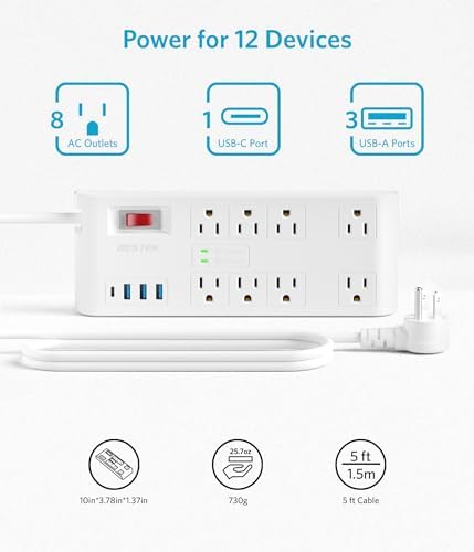 BESTEK 8-Outlet Power Strip with 5-Foot Extension Cord: Multi-Port USB Charging Hub Featuring 3 USB-A (2.4 A) & 1 USB-C (3 A) | 1625 W Max Output with 600 Joule Surge Protection for Enhanced Device Safety | Ultra-Compact Design for Home & Office Efficiency