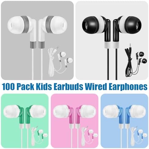 AU&MU 100 Pack Kids Wired Earbuds – Durable Silicone Comfort for Classrooms & Camps, Lightweight 3.5 mm Headphones for Enhanced Learning and Focus, Perfect for Young Learners’ Audio Adventures, Versatile Earphones for Home Use