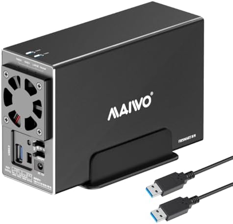 MAIWO Dual Bay Hard Drive RAID Enclosure – 48 TB Storage Solution with 5 Gbps USB 3.0 Connectivity, Premium Aluminum Design, and Cooling Fan for Optimal Performance – Supports RAID 0/1/JBOD/PM Configurations for Enhanced Data Management and Security